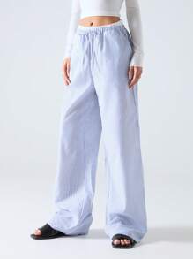 CovetEZ 女士藍色條紋織物寬褲，寬鬆版型休閒長褲