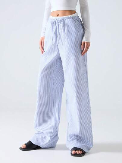 CovetEZ Women's Casual Blue Striped Woven Wide Leg Pants With Loose Fit