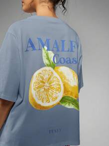 MISSGUIDED Italian Inspired Amalfi Coast Lemon Print Summer Beach Vacation Holiday Oversized Relaxed T-Shirt Mediterranean Travel Island Weekend Casual Wear - Blue - View 5