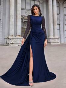 Aureia Đầm dài tay ôm dáng đuôi cá xẻ cao, sang trọng, đính cườm và thêu họa tiết, chất liệu vải dệt kim co giãn, cổ tròn, xếp ly, xuyên thấu, phù hợp cho tiệc độc thân, hẹn hò, dạ hội, sinh nhật, đám cưới, các sự kiện trang trọng, làm váy dạ hội, dành cho khách mời đám cưới, ngày Valentine. - Màu xanh hải quân - Xem 2