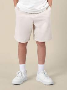SUMWON 宽松斜纹布百慕大短裤夏季休闲校服斜纹布及膝男童短裤带侧袋 - 杏色 - 查看 1