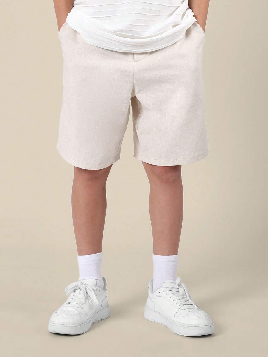 SUMWON 宽松斜纹布百慕大短裤夏季休闲校服斜纹布及膝男童短裤带侧袋 - 杏色 - 查看 1