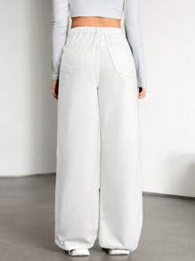 SHEIN 青少年女孩宽松牛仔裤，带口袋，休闲百搭 - 白色 - 查看 2