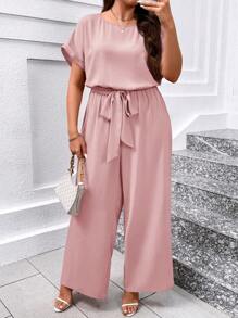 SHEIN Clasi Plus Size Elegant Round Neck Jumpsuit With Waist Belt And Wide Leg