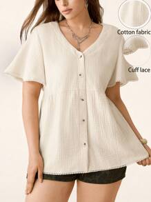 SHEIN LUNE Plus Size Summer Women's Cozy Fit Apricot Slouchy Casual Style Renaissance Fair Puff Sleeve Boho Blouse Relaxed Bohemian Blouse, Summer Short Sleeve Simple Casual Everyday Blouse Casual Vacation Mother's Day Gift Mama Mother Day Boho Blouse - Apricot - View 6