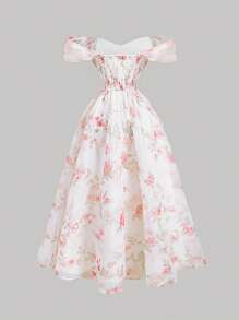 SHEIN MOD 女士夏季优雅碎花欧根纱露肩连衣裙、舞会礼服、女士碎花连衣裙、优雅女士连衣裙、夏季连衣裙、波西米亚风、女士正式派对礼服、女士长裙 - 彩色 - 查看 2