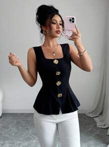 Elenzga New Summer Elegant Fashion Large Metal Button Backless Tie Slim Sleeveless Solid Color Women Shirt - Black - View 5
