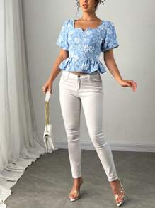 Elenzga Casual Blue Shirt With Square Neck, Jacquard, And Ruffle Hem, Short Sleeve - Blue - View 3