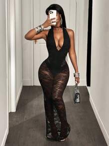 BamGleam Christmas Rave Party Deep V Neck Solid Color Waisted Sleeveless Lace Patchwork Sexy Dress - Black - View 4