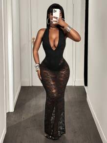 BamGleam Christmas Rave Party Deep V Neck Solid Color Waisted Sleeveless Lace Patchwork Sexy Dress - Black - View 5