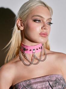 ROMWE Grunge Punk 1pc Gothic Exaggerated PU Leather Choker Necklace, Punk Street Wear Metallic Chain Pendant Collar Necklace