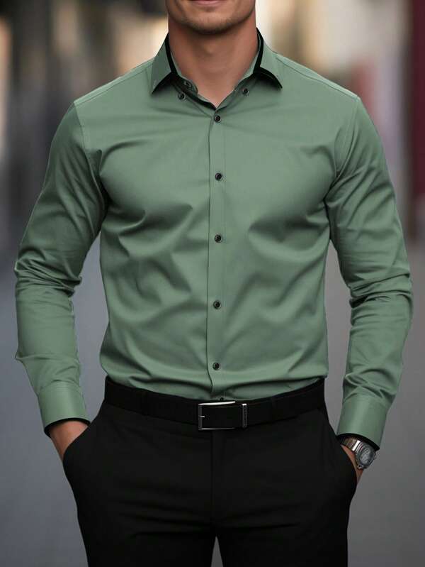 Manfinity Mode Camisa casual de negocios para hombre con bloques de color y ribete, para el otoño