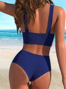 Swim Vcay 2pcs/Set Plain Cross Front Hollow Ruffle Trim Sexy Fashion Swimsuit Set For Summer Beach Vacation - Navy Blue - View 2