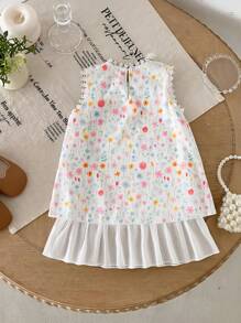 女孩可爱休闲时尚圆领无袖A字短款碎花下摆小碎花迷你太阳裙彩色花朵装饰连衣裙 - 白色 - 查看 2
