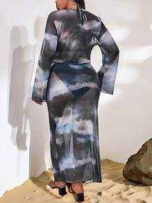 Firerie Plus Size Women's Elegant Vacation Beach French Vcay Tie-Dye Twist Knot Long Shirt + Camisole + Skirt + Leggings Set