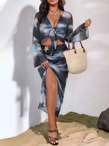 Firerie Plus Size Women's Elegant Vacation Beach French Vcay Tie-Dye Twist Knot Long Shirt + Camisole + Skirt + Leggings Set