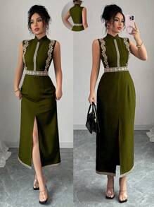 Chiquease 优雅时尚休闲百搭中式领无袖金色刺绣花卉蕾丝拼布系腰长裙女式连衣裙