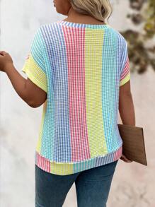 EMERY ROSE Plus Size Women's Casual V-Neck Rainbow Color Hem Twist Knot Design Short Sleeve T-Shirt, Slimming - Multicolor - View 2