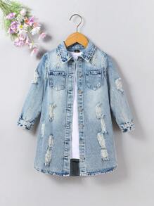 Retro Streetwear Collegiate Style Girls Distressed Long Denim Jacket - Bronze - View 1