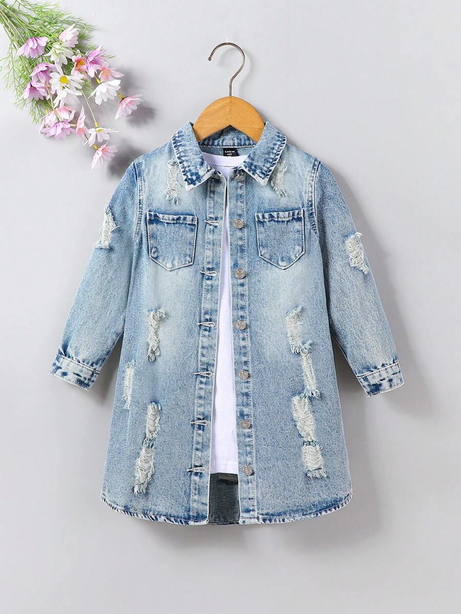 Retro Streetwear Collegiate Style Girls Distressed Long Denim Jacket - Bronze - View 1