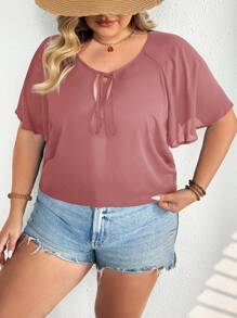 SHEIN CURVE+ Plus Size Women's Elegant Black Tie Collar Raglan Short Sleeve Loose Blousebeach Outfits For Woman/Beach Dress/Beach Vacation Outfits/Beach Essentials / Graduation/Tea Party Dresssummer/Country/Beach Vacation Outfits/Beach Outfits/Beach Wear