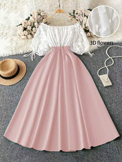 SHEIN Unity 大码女式露肩撞色腰带 A 字裙派对、情人节、休闲优雅连衣裙，春夏季