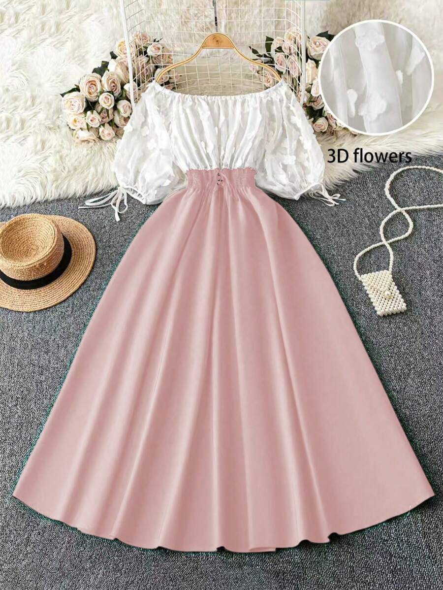 SHEIN Unity 大码女式露肩撞色腰带 A 字裙派对、情人节、休闲优雅连衣裙，春夏季 - 粉色 - 查看 1