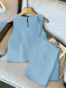 Franclia 女士两件套：无袖系带背心和宽松半裙，仿珍珠装饰 - 淺藍色 - 查看 2