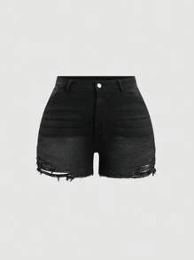 SHEIN ICON Quần short denim rách cỡ lớn cho nữ, quần jeans xanh co giãn bó sát thường ngày - màu đen - Xem 1