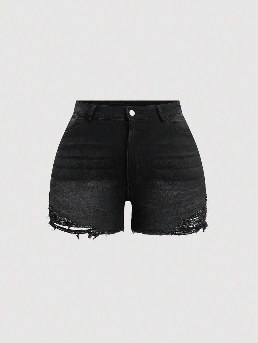 SHEIN ICON Quần short denim rách cỡ lớn cho nữ, quần jeans xanh co giãn bó sát thường ngày - màu đen - Xem 1