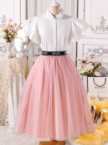 SHEIN Conjunto de 2 piezas para adolescentes con blusa blanca elegante con volantes y falda A-line de malla - Rosa - Ver 1