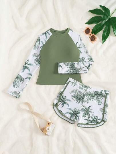 SHEIN 女童印花长袖比基尼和泳裤，热带花卉图案，夏季沙滩装