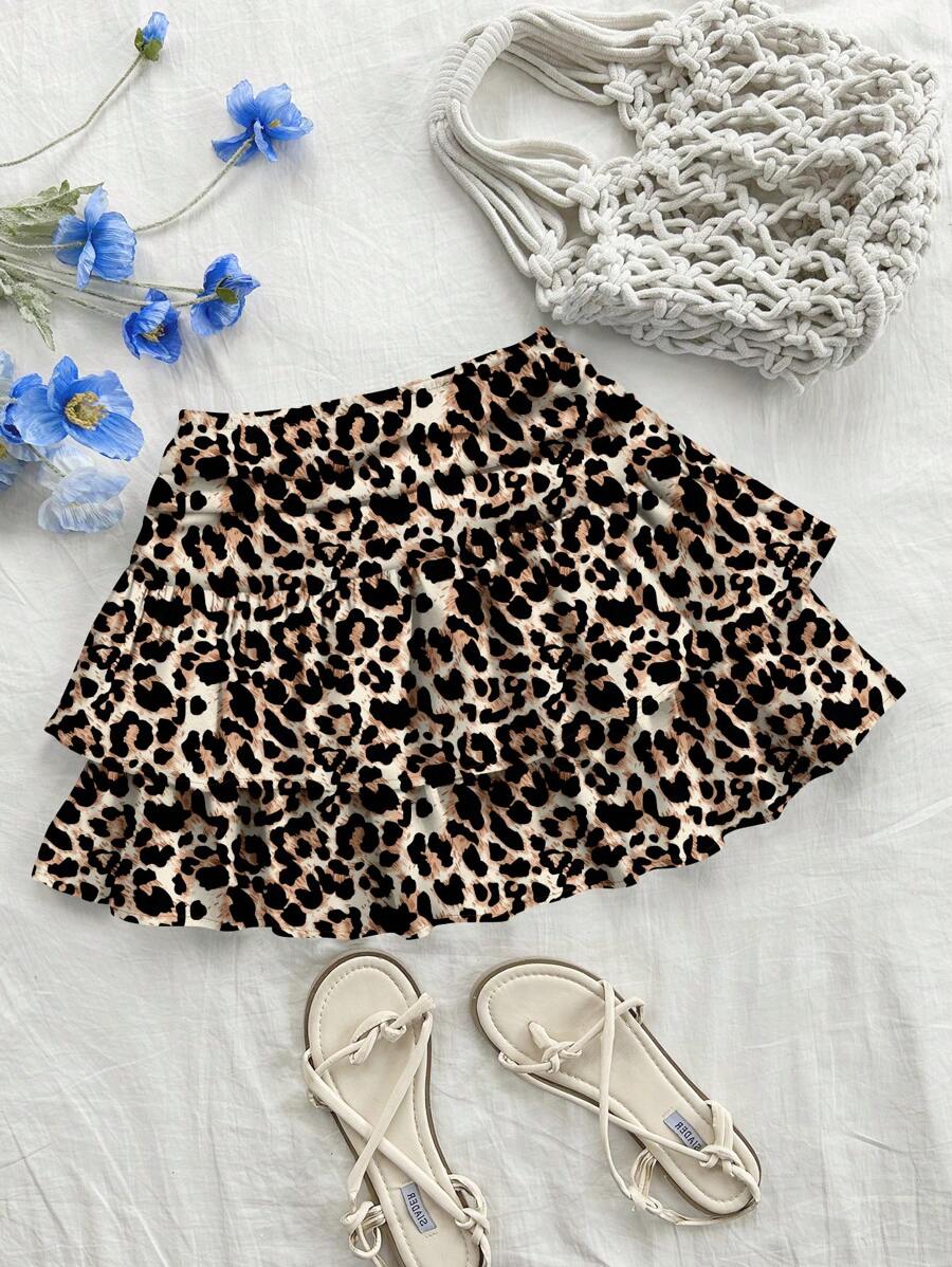 Soleia Leopard Print Full Pattern Ruched Waist Ruffle Hem Casual Skirt, Suitable For Holiday, Music Festival, Summer Chic Dress - Multicolor - View 1