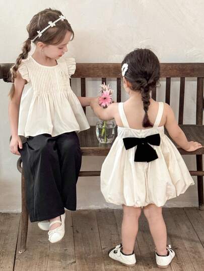 LMoss Kids 年轻女孩纯色褶皱圆领休闲衬衫