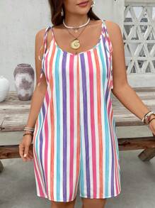 SHEIN VCAY 骄傲月加大码女式彩色条纹印花细肩带宽松度假休闲连衣裙，适合夏季，母亲节服装，女士度假服装，狂欢装，加大码女式西部装 - 彩色 - 查看 3