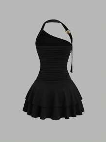 Sweetra New Design Spiral Gold Ornament Waist-Cinching Flared Skirt Mini Dress For Women - Black - View 2