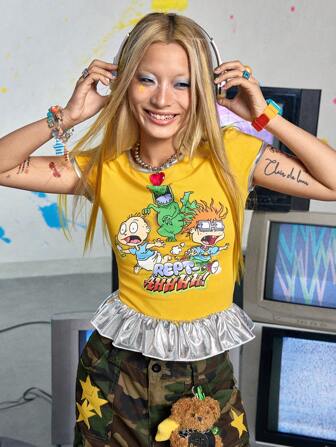 Nick 90's X ROMWE Camiseta slim fit de mujer sin espalda con estampa de dibujos animados