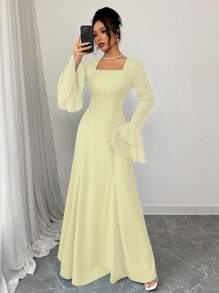 Rafferiza 蓝色方领双层荷叶边袖口嵌件喇叭形下摆女式长裙 - 淡黃色 - 查看 6