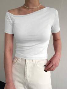 DAZY Women Short Sleeve Cropped Black Tee, Slim Fit Off Shoulder, Spring/Summer - White - View 4