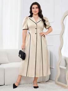 Modelyn Plus Size Women Single-Breasted Short Puff Sleeve Elegant Long Dress - Apricot - View 5
