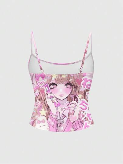 Anime Camiseta de tirantes sexy de mujer con estampado de personaje de anime lindo, diseño de lazo rosa y piruleta