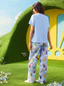 Teletubbies X SHEIN Women's Blue Cute Y2K Cute Winky, Dipsy, Laa-Laa, Po Cartoon & Rainbow Print Crew Neck Short Sleeve Top And Long Pants Pajama Set - Blue - View 2
