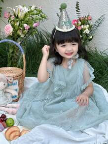 DAZY Toddler Girls' Round Neck Tulle Party Dress, Cute Texture Lace Patchwork Formal Outfit