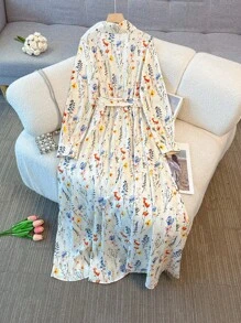 Franclia Women's Casual Collar Neck Simple Blue Floral Print Dress Maxi Women Outfit Fall Cloth For Women - Apricot - View 2