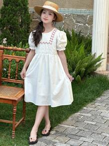 DAZY Tween Girls Round Neck Short Puff Sleeve Ruffled Casual Dress, Summer - White - View 6