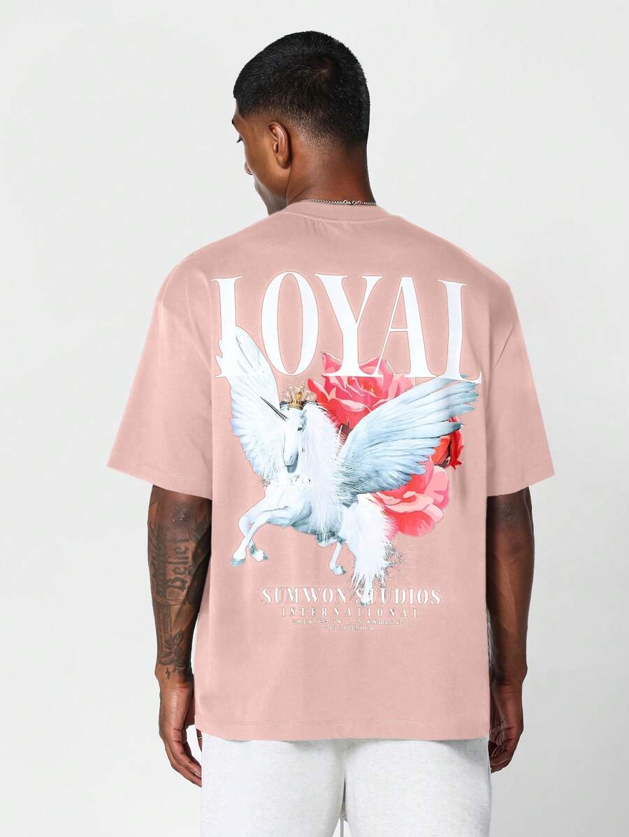 Sumwon Studios International Oversized T Shirt Streetwear Graphic Loyal Wing Design Premium Cotton Casual Summer Statement Print Los Angeles Collection - Hot Pink - View 1