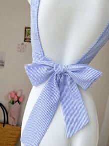 Comfortcana 女式休闲度假条纹露背吊带背心，夏季 - 藍白色 - 查看 4