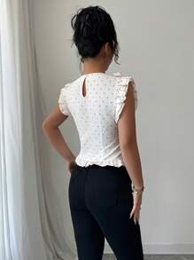 Elenzga Áo peplum tay ngắn in họa tiết chấm bi buộc phía trước cho nữ - Màu be - Xem 2