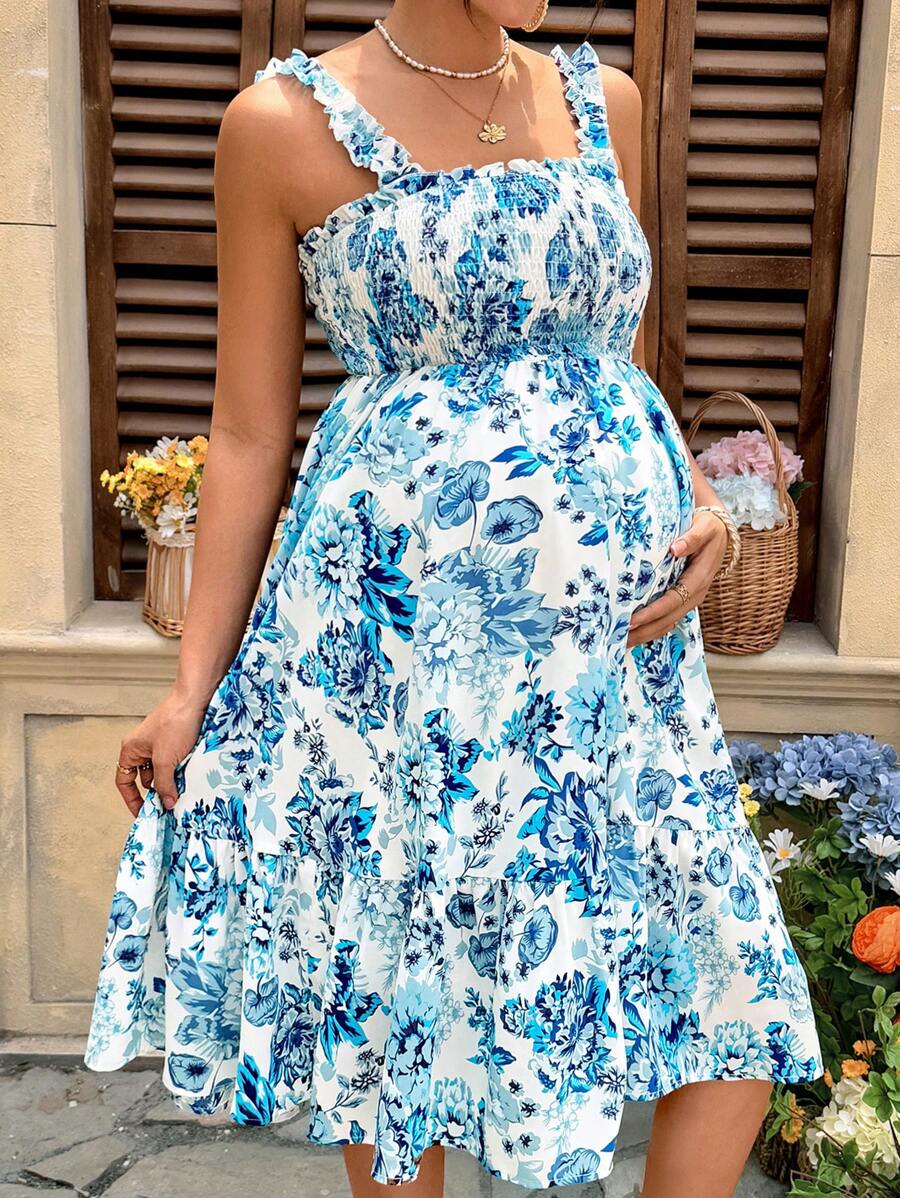 SHEIN Vestido casual de maternidad con estampado floral all over para vacaciones - Azul - Ver 1