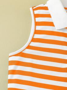 Young Girl Striped Polo Collar Form-Fitting Casual Crop Top - Orange - View 5